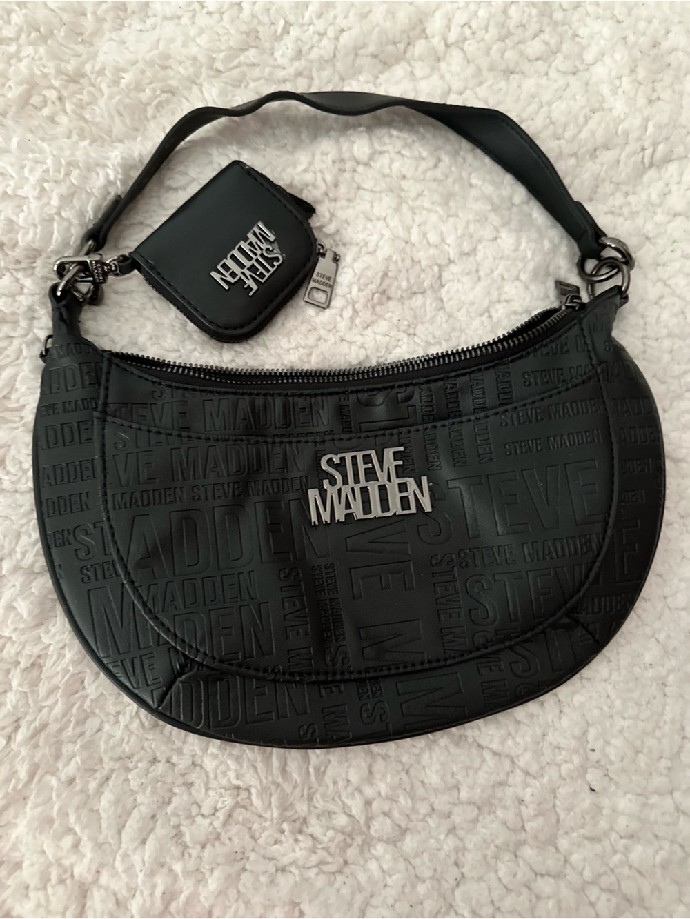 Steve Madden Black Embossed Logo Crescent Belt Bag with Coin Pouch